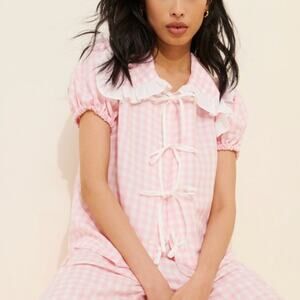 Sleeper Pink Checkered Linen Lounge Shirt Size XL